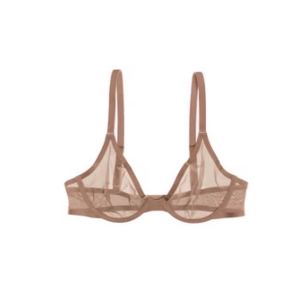 CUUP The Plunge Mesh Underwire Bra Taupe Tan 34E Gold Hardware 484